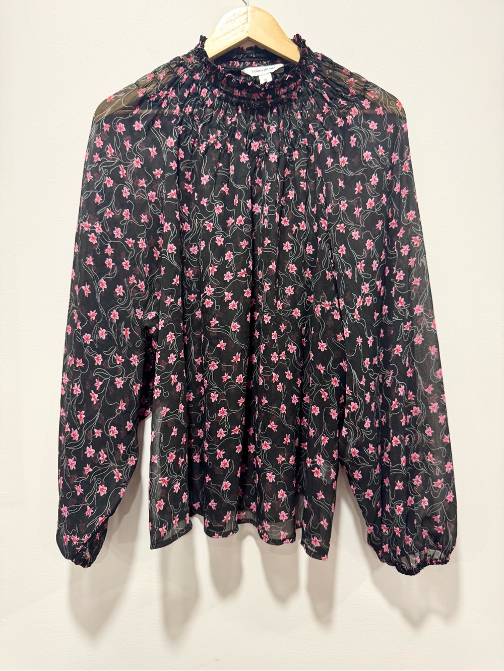 Elizabeth and James Pink Floral Smocked Mock Neck Blouse Sheer Size XL